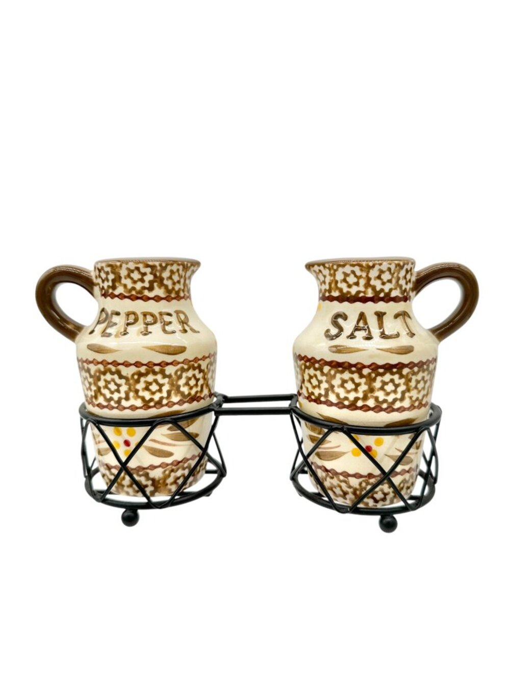 Ceramic Salt and Pepper Jars With Metal Holder Rustic Temp-Tations Brown 4.5”H